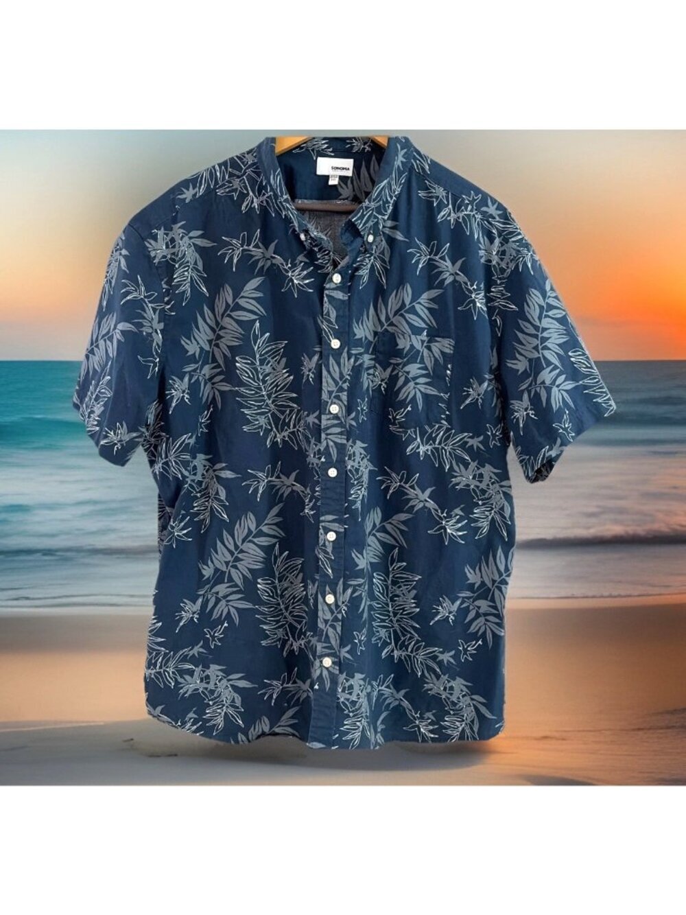 Sonoma Hawaiian Button Up Shirt Men's Sz XXL Navy Palm Leaf Stretch Short Sleeve